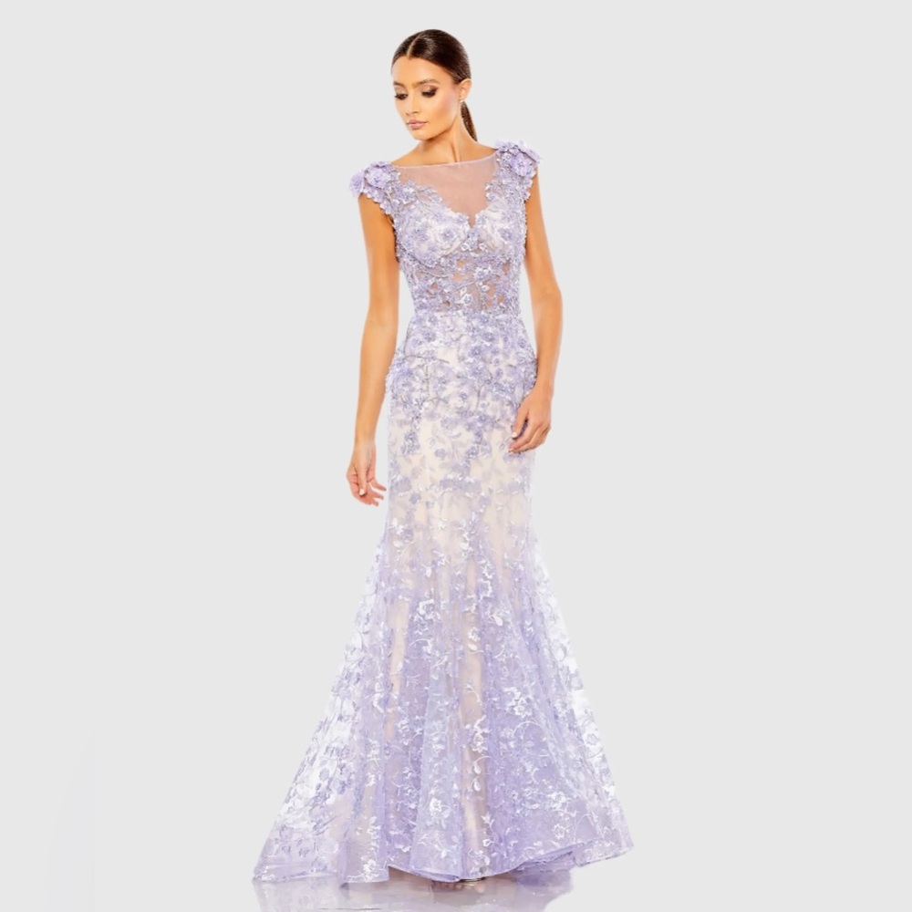 Mac Duggal NWT Purple Embellished Cap Sleeve Illusion Body Trumpet Gown Size 12